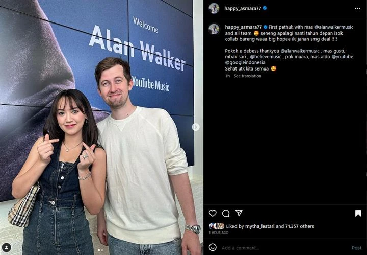 Unggahan instagram Happy Asmara saat dirinya bertemu dengan DJ Internasional, Alan Walker di kantor YouTube Indonesia di Jakarta, Kamis (28/9). (INSTAGRAM)