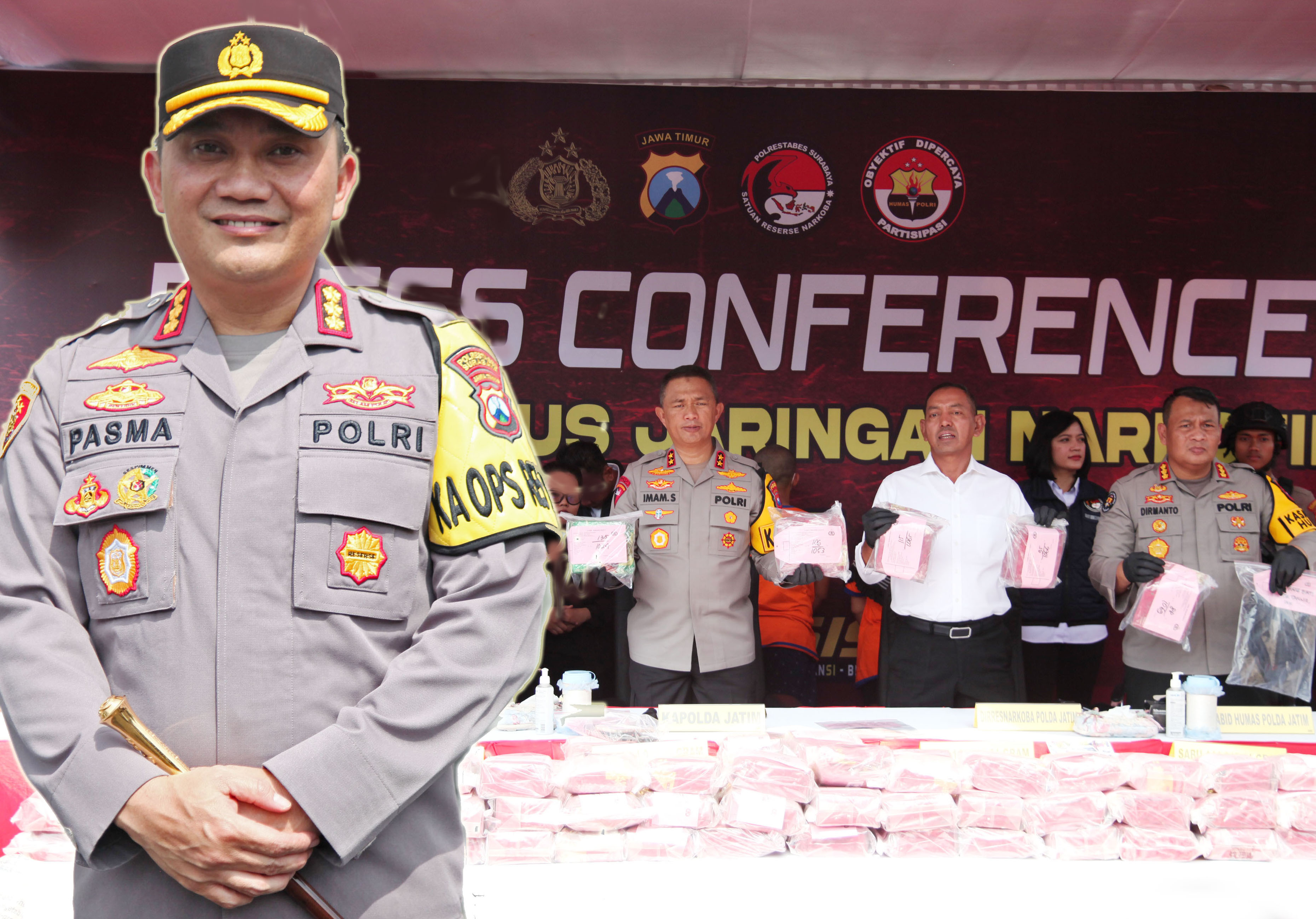 Kapolrestabes Surabaya Kombes Pol Pasma Royce SIK, MH, saat ungkap kasus penangkapan 144 kg sabu bersama Kapolda Irjen Pol Imam Sugianto.