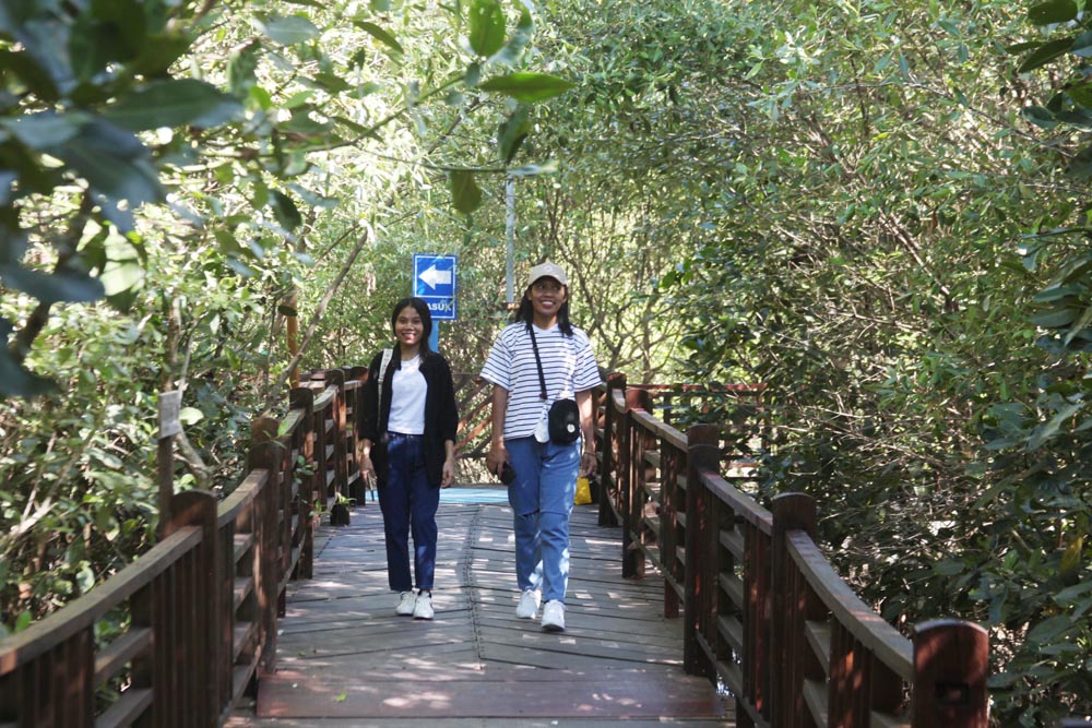 Dua orang pengunjung menikmati keindahan Kebun Raya Mangrove di Gunung Anyar, Surabaya.