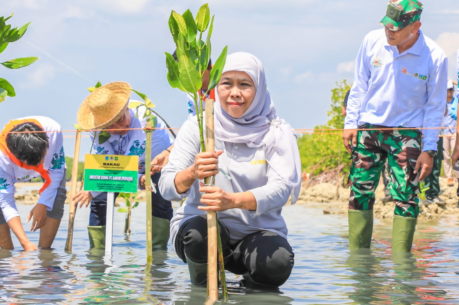 Gubernur Jawa Timur Khofifah Indar Parawansa mengajak seluruh elemen masyarakat untuk menggencarkan gerakan sedekah oksigen dengan penanaman bibit mangrove.