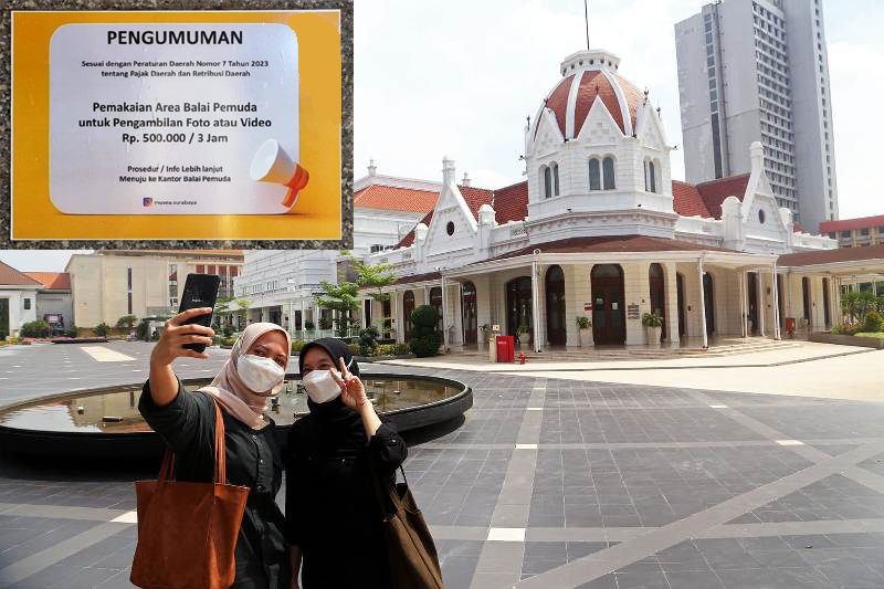 SUDAH DICABUT: Pengumuman yang ditempel di sekitar Balai Pemuda untuk pemungutan retribusi bagi pengambilan foto/video untuk kepentingan komersial.