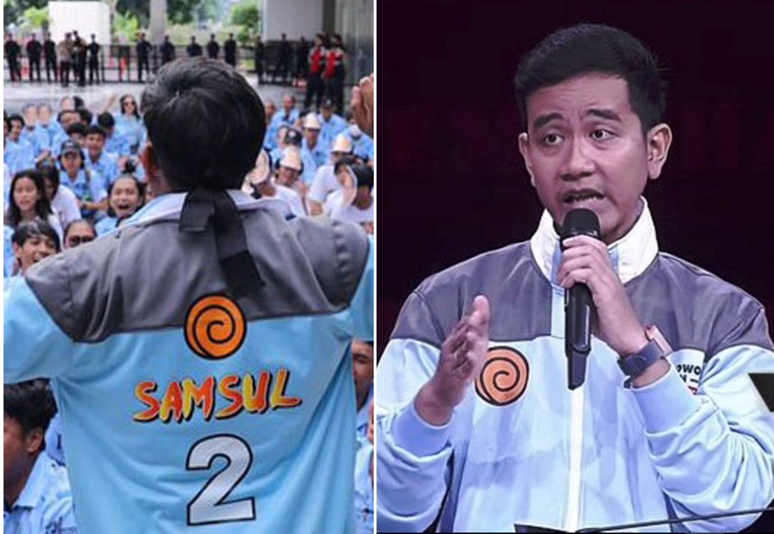 Tulisan Samsul dan lambang spiral oranye dari klan Uzumaki dari komik/anime Naruto yang ada  di jaket Gibran saat debat cawapres di Balai Sidang Jakarta (JCC), Minggu (21/1).