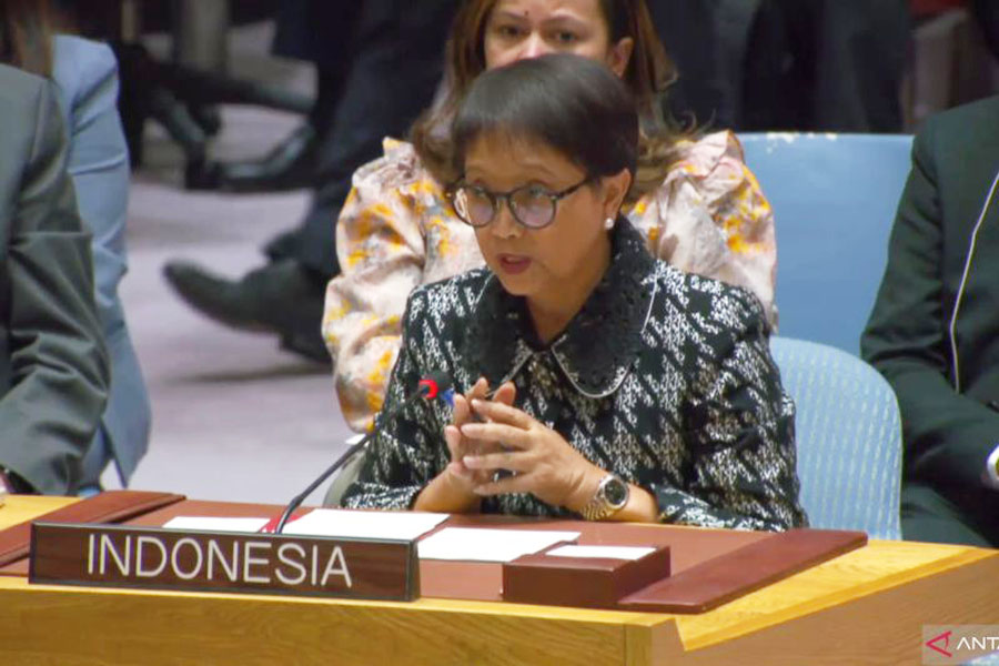 Menlu RI Retno Marsudi ketika menyampaikan pernyataan Indonesia dalam debat terbuka Dewan Keamanan PBB di New York, AS, Selasa (Rabu 23/1/2024 WIB).