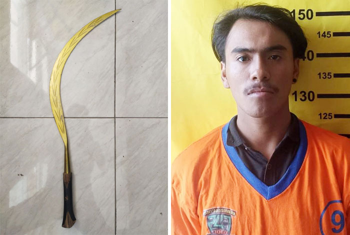 TERSANGKA: MF, 21, warga Jalan Sidoyoso II Gang 2 Surabaya yang ditetapkan sebagai tersangka karena membawa celurit saat diamankan.