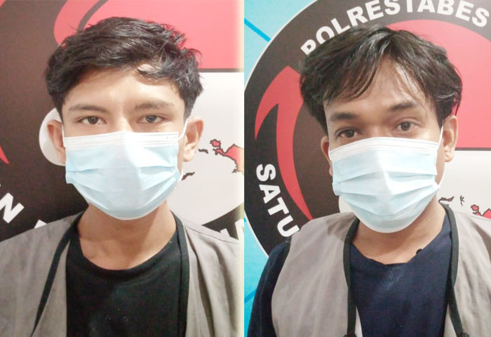 KOMPAK: Dua pengedar narkoba asal Sidoarjo, E dan LH yang diamankan di Polrestabes Surabaya.