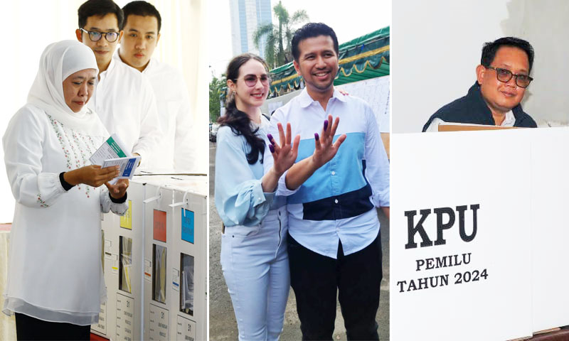 Dari kiri: Khofifah, pasangan Emil-Arumi dan Plh Gubernur Jatim Adhy Katyono saat memberikan suara di TPS masing-masing.