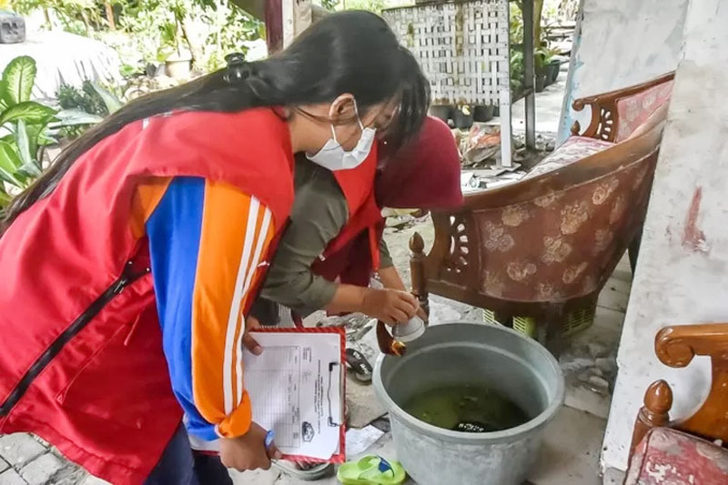 DIPANTAU: Juru pemantau jentik (jumantik) memantau jentik nyamuk di Surabaya.