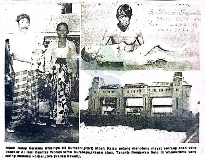 LEGENDARIS: Mbah Kalap saat mengevakuasi anak tenggelam di Kalimas Surabaya tahun 1975.