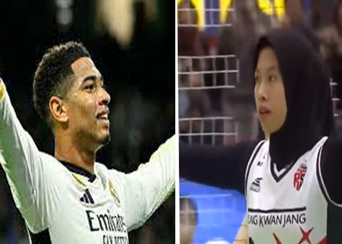MIRIIP: Megawati saat mnembuat selebrasi ala Jude Bellingham usai mencetak poin penentu dalam laga voli antara Red Sparks vs Hillstate.