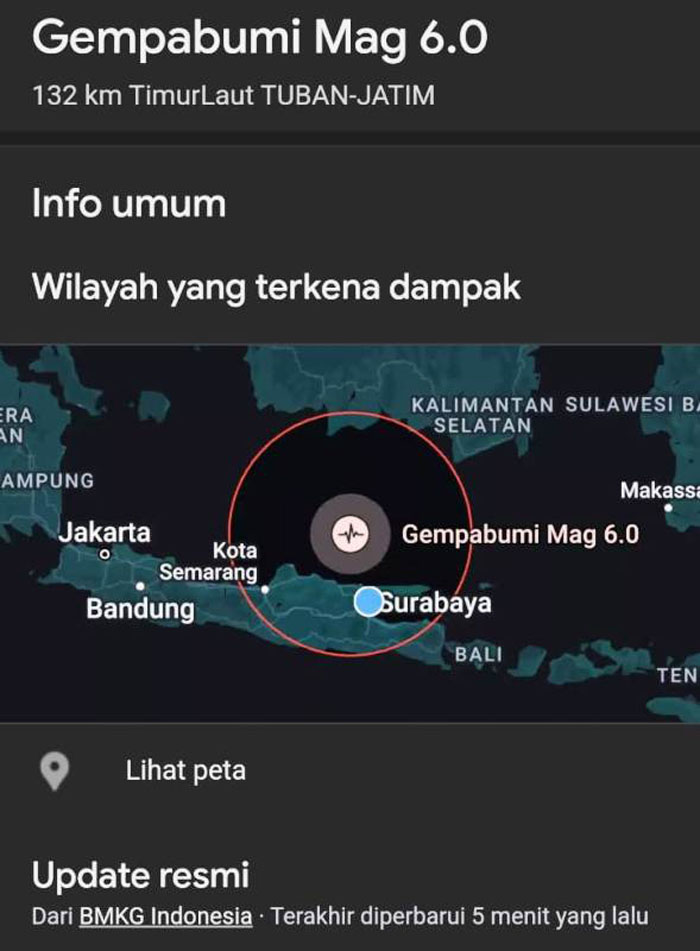 Pengumuman resmi gempa yang dishare BMKG.