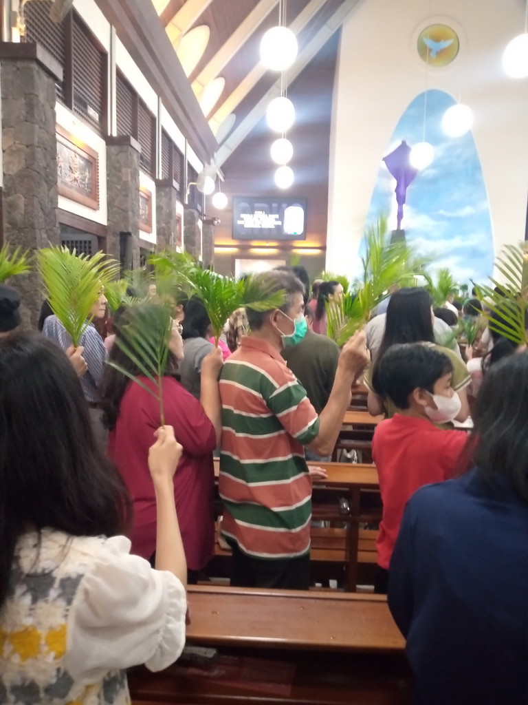 Perayaan ekaristi Minggu Palem di Gereja Roh Kudus, Purimas, Gunung Anyar, Surabaya, Minggu 24 Maret 2024.