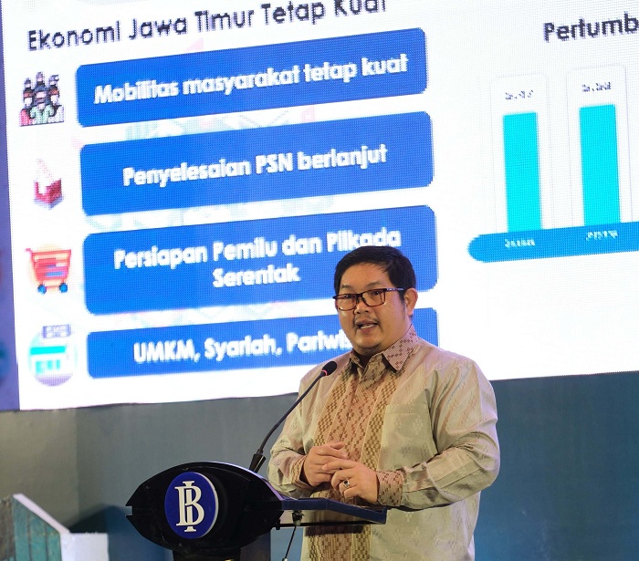 POSITIF: Kepala Kantor Perwakilan Bank Indonesia Jatim, Erwin Gunawan Hutapea memaparkan mengenai kondisi perekonomian Jatim.
