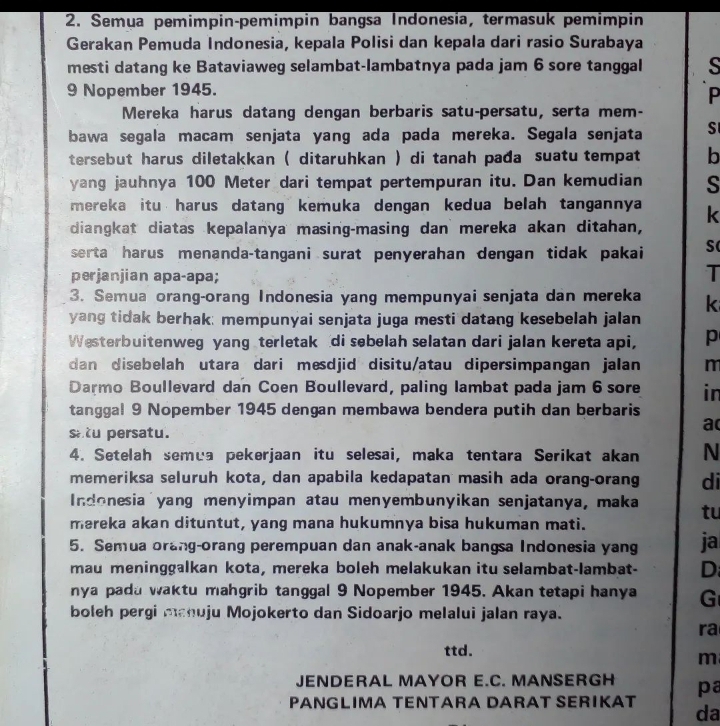 Ultimatum tentara sekutu agar masyarakat Surabaya segera menyerahkan senjata (Dukut IW).
