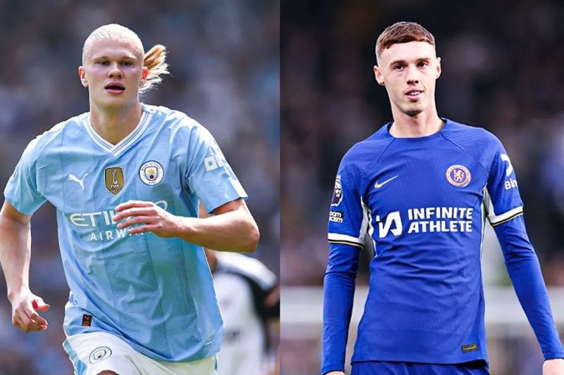 Erling Haaland (kiri) dari Manchester City dan Cole Palmer dari Chelsea.