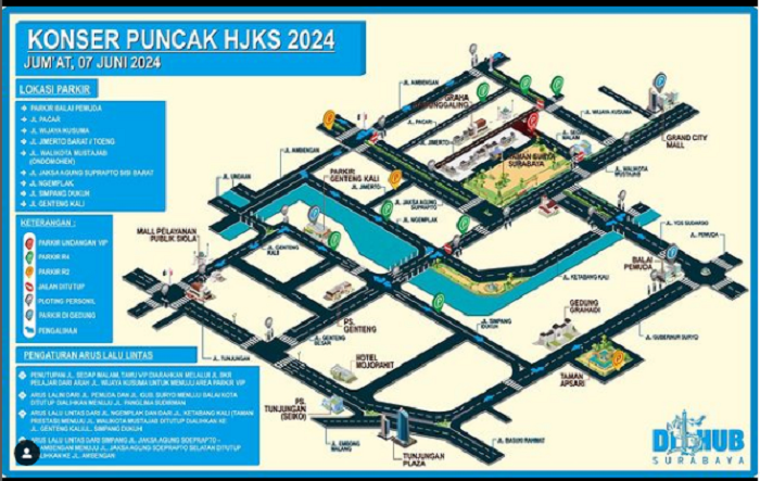 PETA JALAN: Pengalihan arus dilakukan di sekitar Balai Kota Surabaya yang menjadi lokasi konser puncak HJKS ke-731, malam ini, Jumat (7/6). (DISHUB SURABAYA)