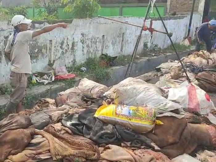 PANEN: Abdul Kholik saat berada di tempat pengepulan kulit kambing kurban di pinggir jalan kawasan Kali Rungkut. (RAHMAT SUDRAJAT/RADAR SURABAYA)