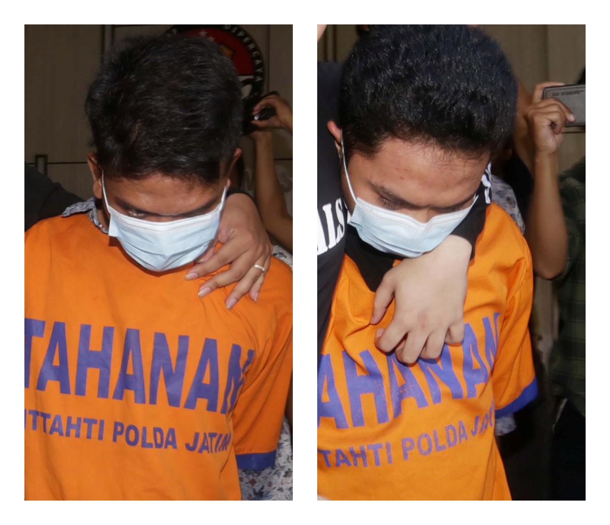 Melvin  dan Akhmad Yusuf Efendi diamankan di Polda Jawa Timur karena menjambret mahasiswi UINSA Surabaya hingga tewas. (SURYANTO/RADAR SURABAYA)