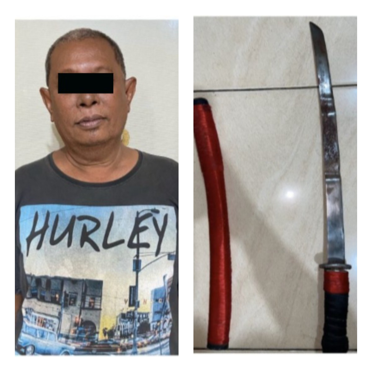 Tersangka R saat diamankan Polsek Semampir usai menganiaya tetangganya sendiri menggunakan parang karena cemburu sosial. (IST)