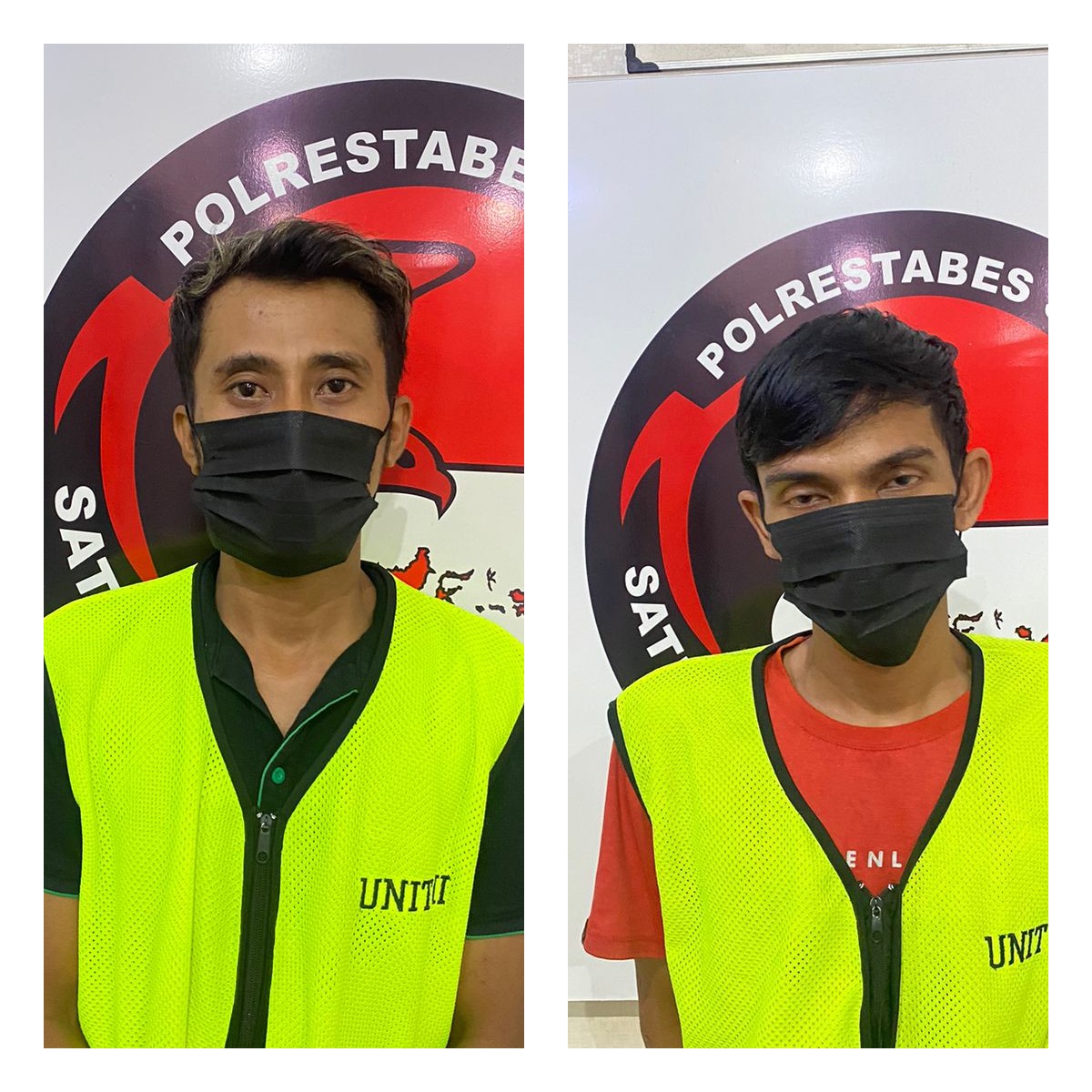Tersangka B dan M saat diamankan Satresnarkoba Polrestabes Surabaya di rumahnya. Polisi menyita delapan poket SS yang belumzempat dijual keduanya. (IST)