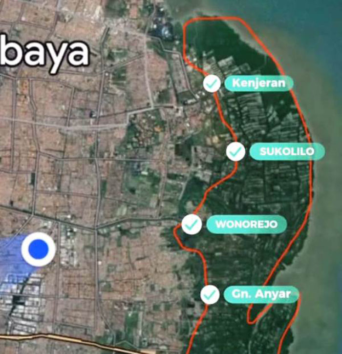 Surabaya Waterfront City membentang dari kecamatan Kenjeran hingga ke Gunung Anyar.