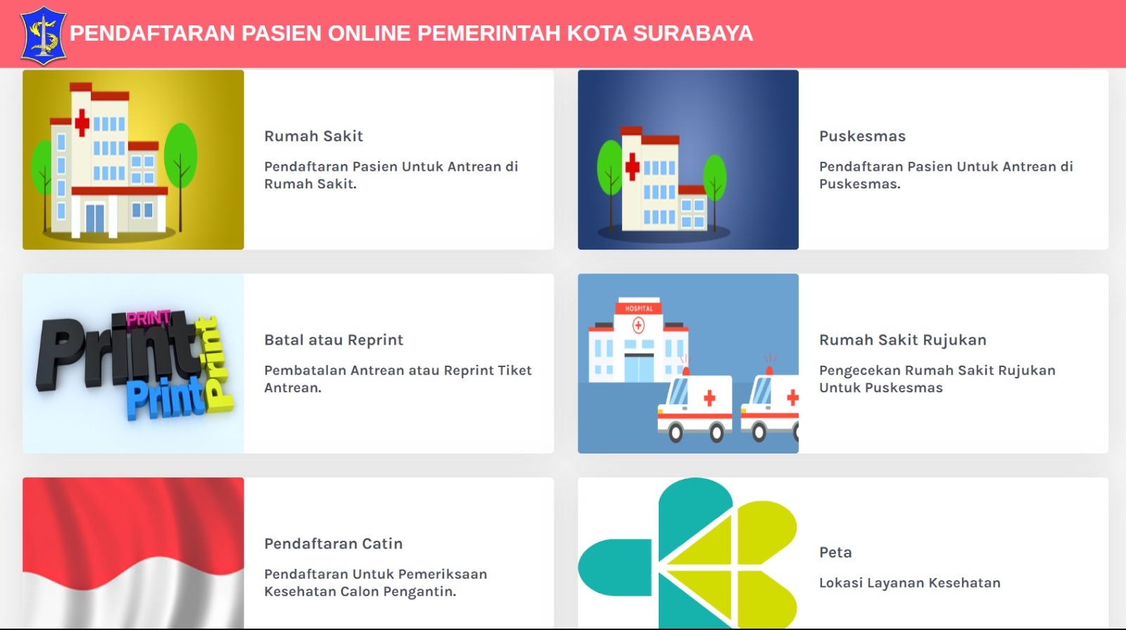 Tampilan layar layanan pendaftaran RS secara online oleh pemerintah kota Surabaya.