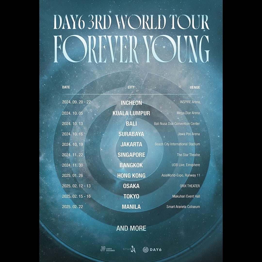 Poster konser Day6 di 11 kota plus di dunia termasuk tiga kota di Indonesia.