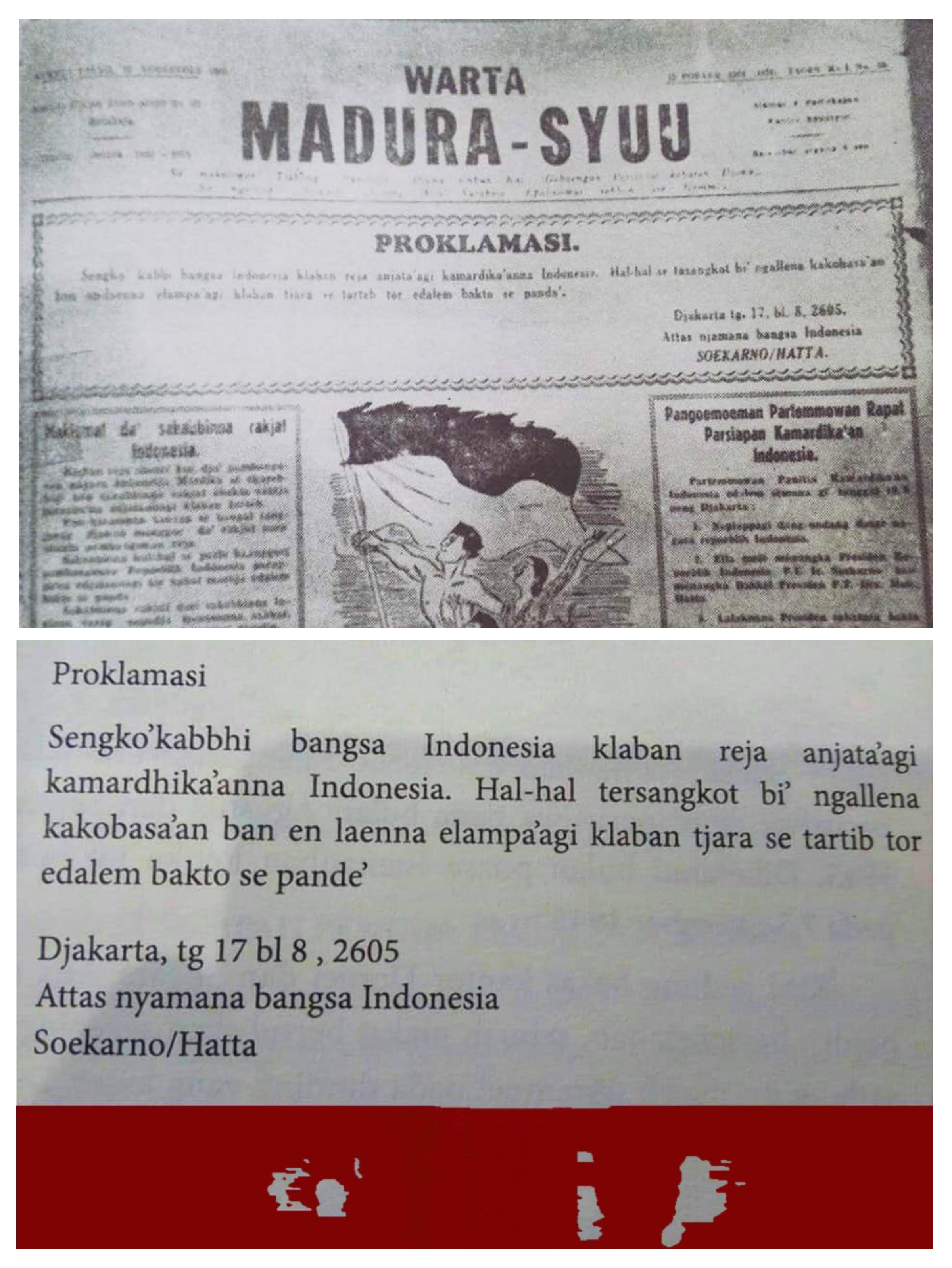 Naskah teks proklamasi dalam bahasa Madura yang dimuat salah satu surat kabar kala itu.