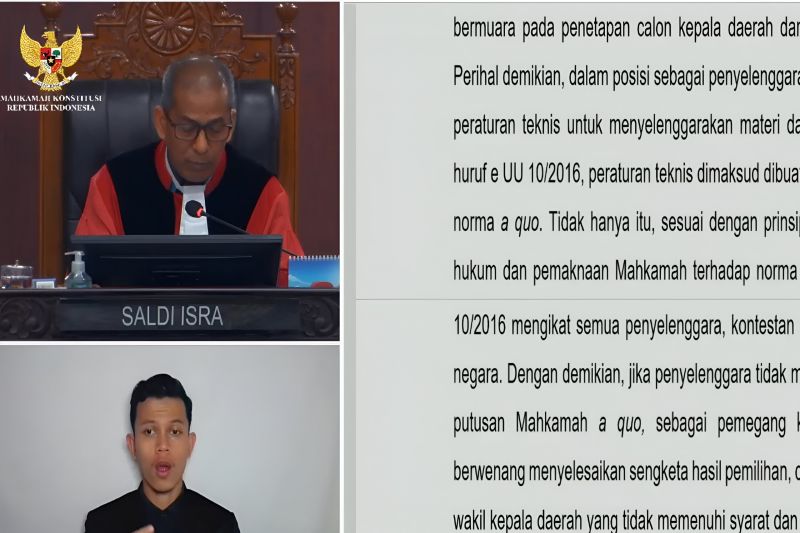 Wakil Ketua Mahkamah Konstitusi Saldi Isra membacakan pertimbangan hukum Putusan Nomor 70/PUU-XXII/2024 di Ruang Sidang Pleno MK, Jakarta, Selasa (20/8/2024).