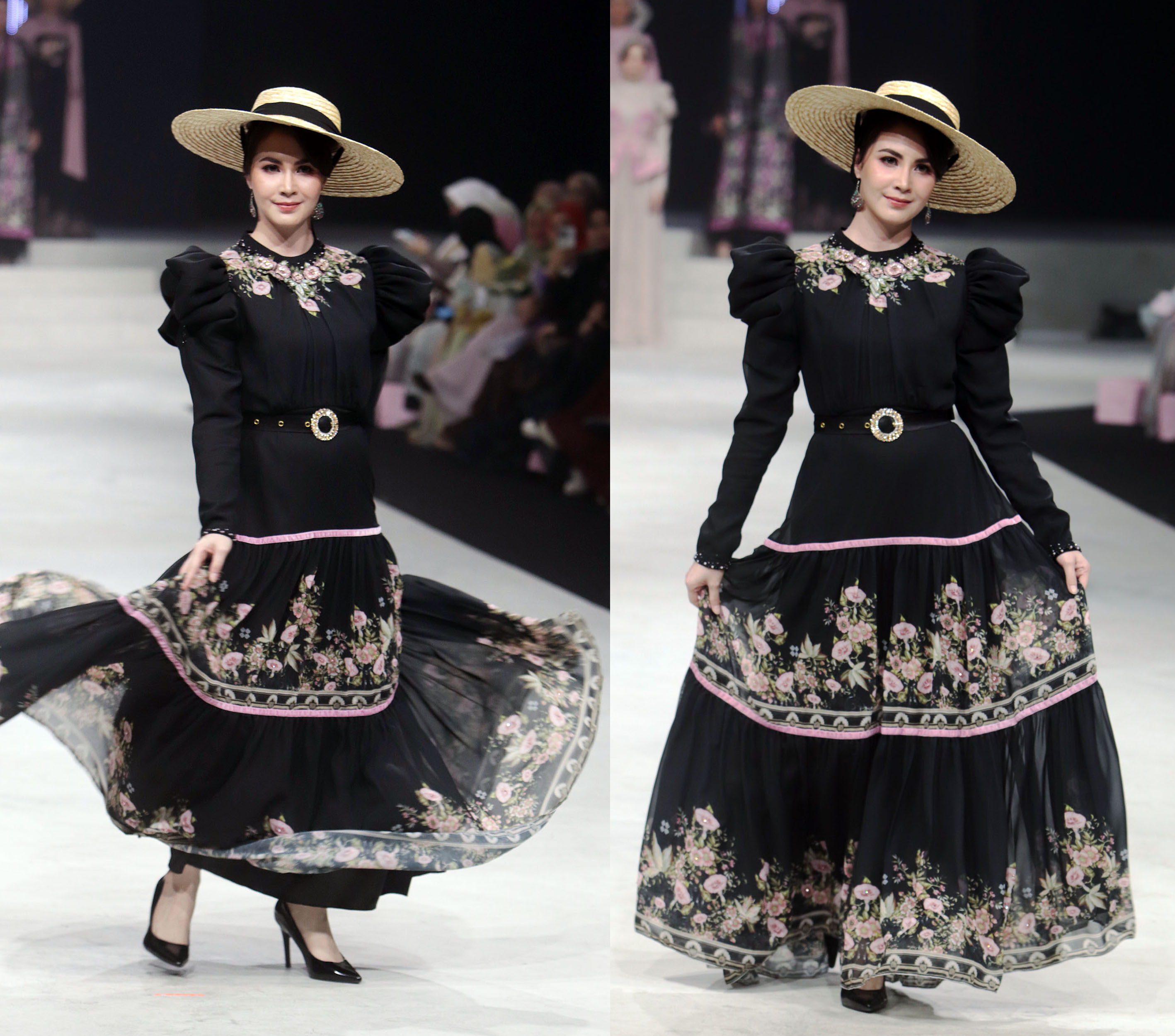 DETAIL EMBROIDERY: Arumi Bachsin memperagakan koleksi busana terbaru dari desainer Gita Orlin yang terinspirasi dari keindahan kembang sepatu.