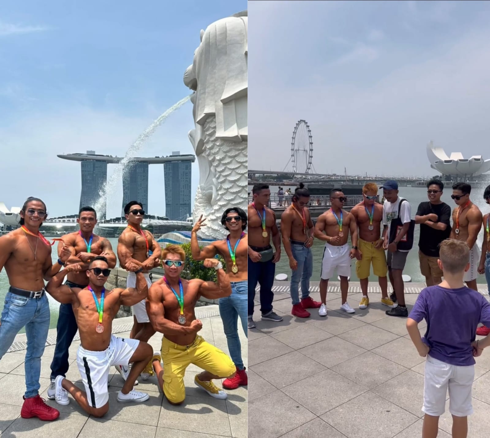 Rizki dan Ridho (nomor satu dan dua dari kiri) saat pamer otot di Singapura.