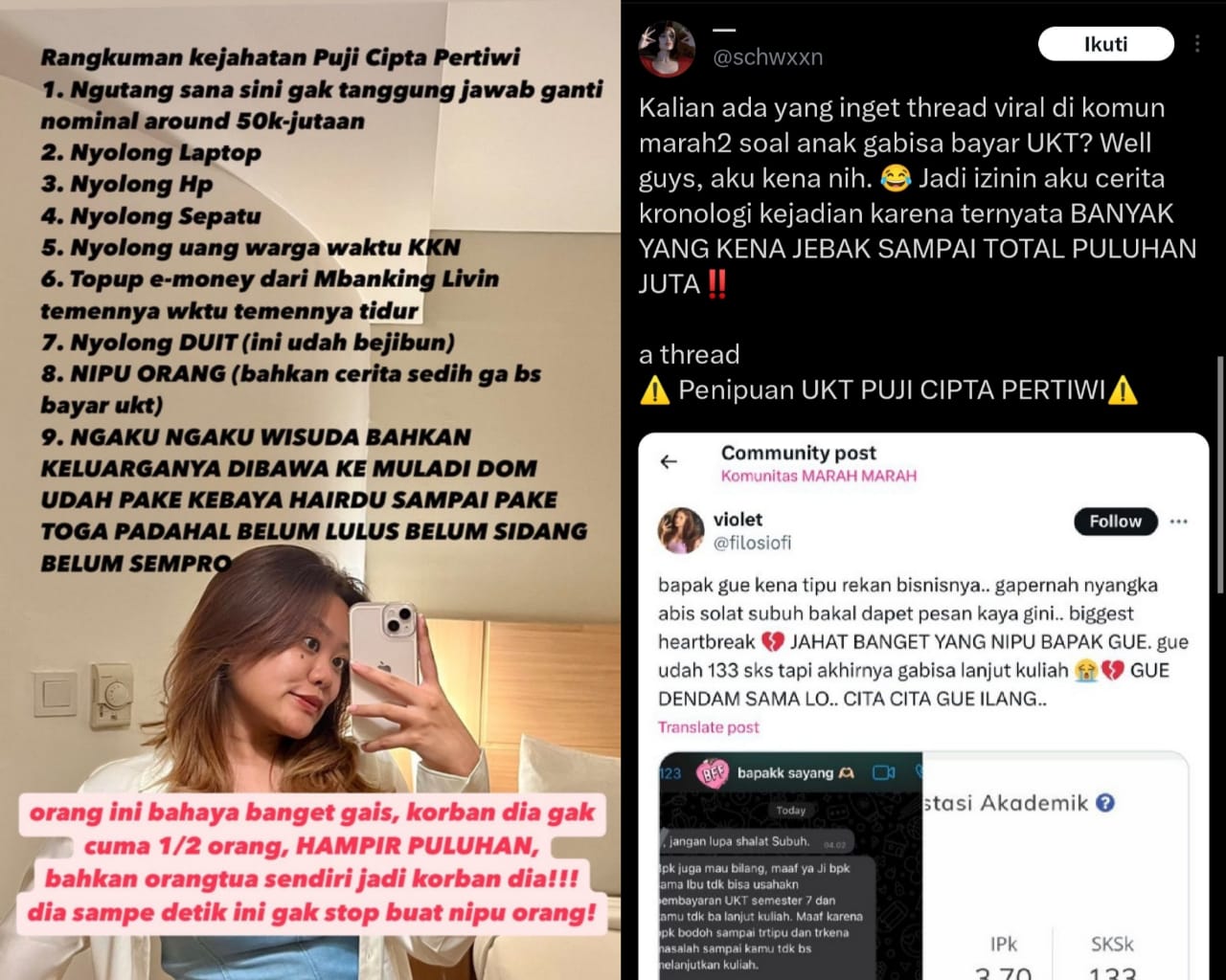 Tangkapan layar pengakuan teman Puji Cipta Lestari yang diduga melakukan penipuan.