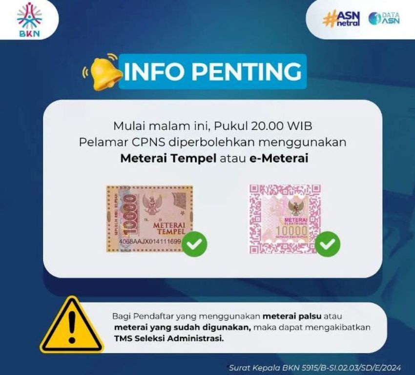 Info dari BKN tentang penggunaan meterai tempel atau e-meterai dalam pengaplikasian dokumen untuk CPNS 2024.