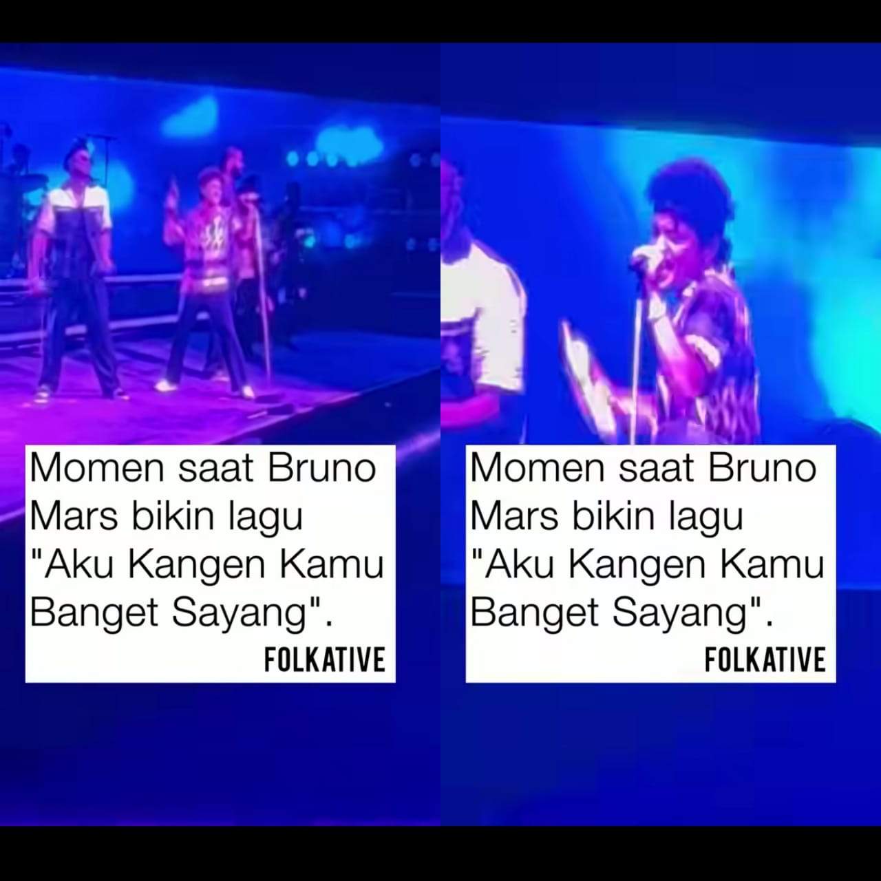 Momen Bruno Mars menyanyikan lagu dengan lirik berbahasa Indonesia.