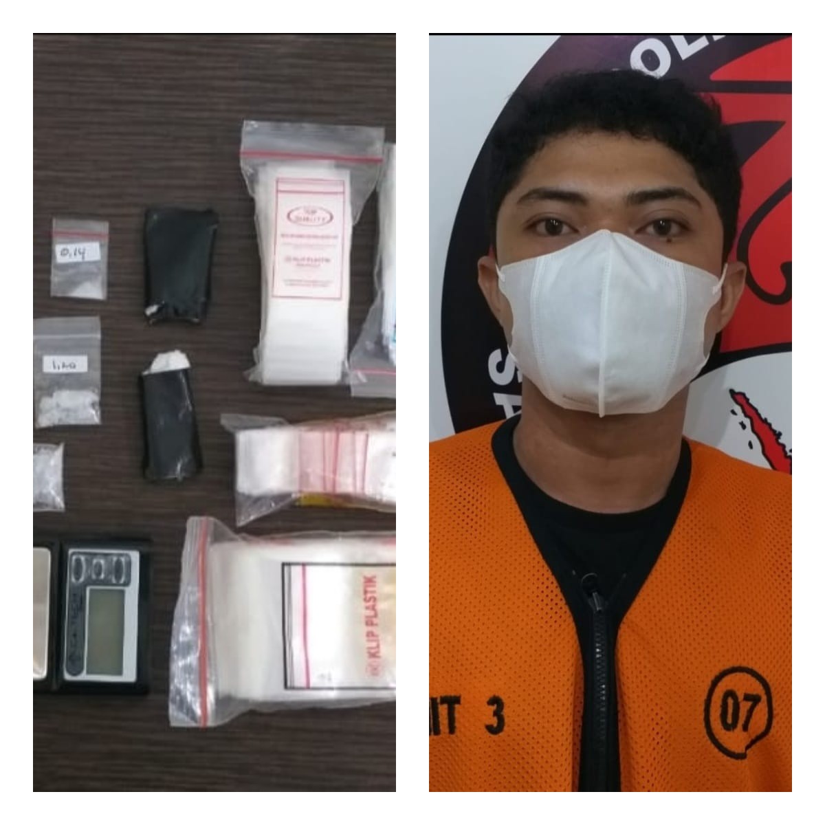 Tersangka YCS diamankan bersama barang bukti sabu, timbangan, HP. Modus menyamar jadi tukang ojek online. (IST)