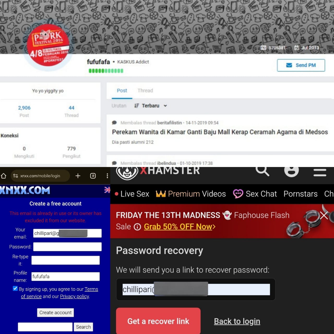 Skrinsyut email Chillipari yang dipakai untuk akun fufufafa terdaftar di salah satu situs porno.