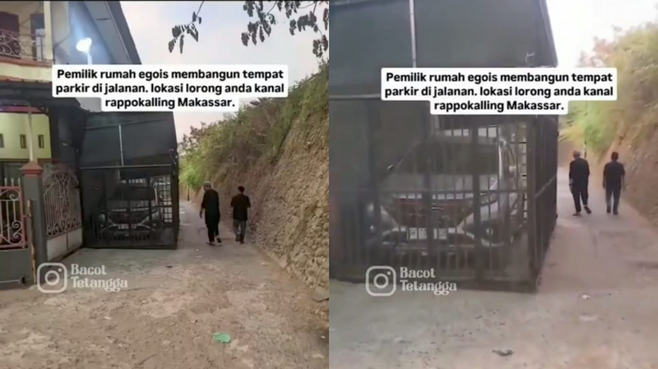 Garasi mobil milik H. Agus tutupi separuh jalan di Rappokalling, Makassar.