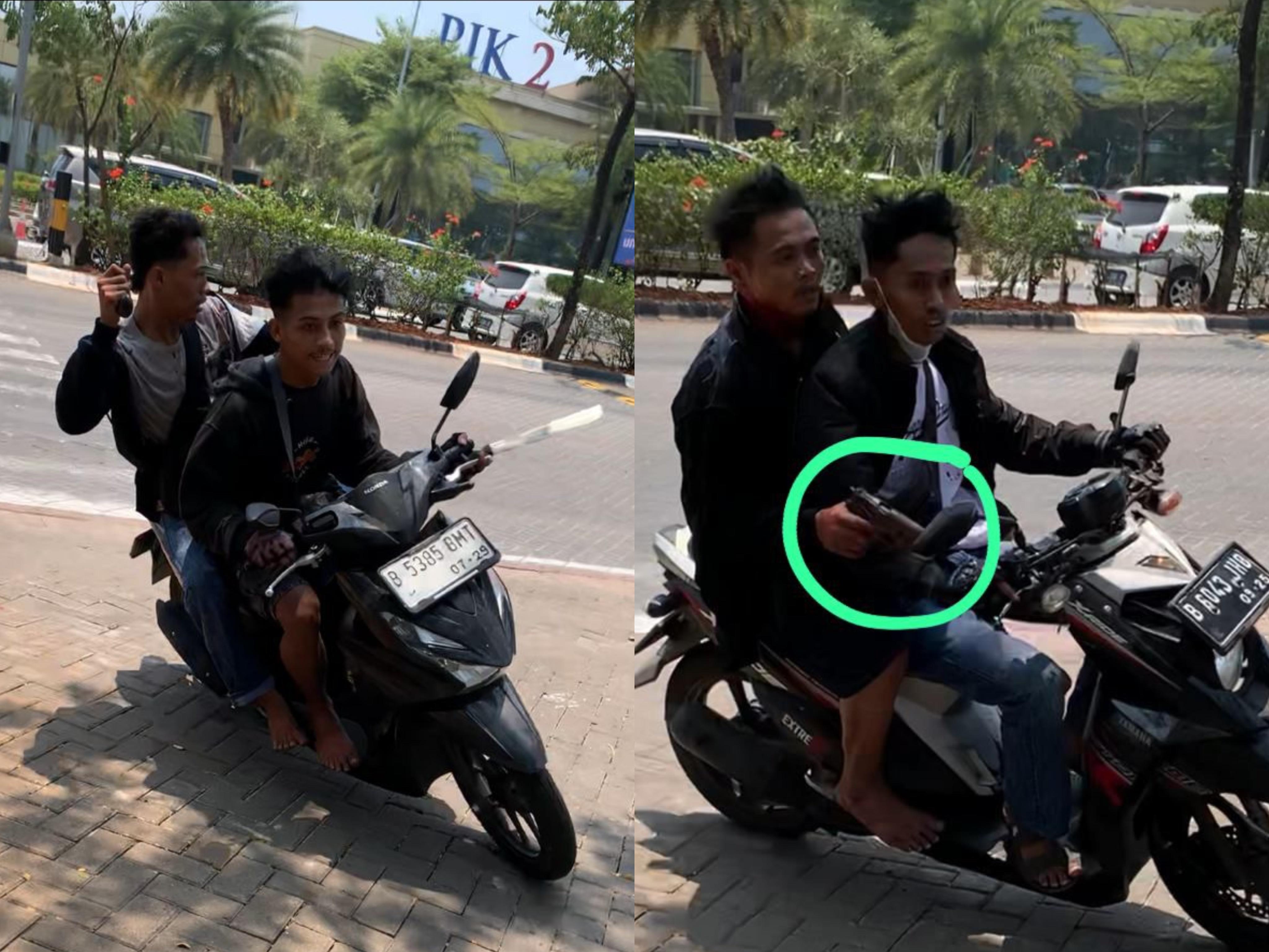 BERNYALI: Tampak dua pelaku yang mencoba kabur di daerah PIK 2 dengan membawa airsoft gun.