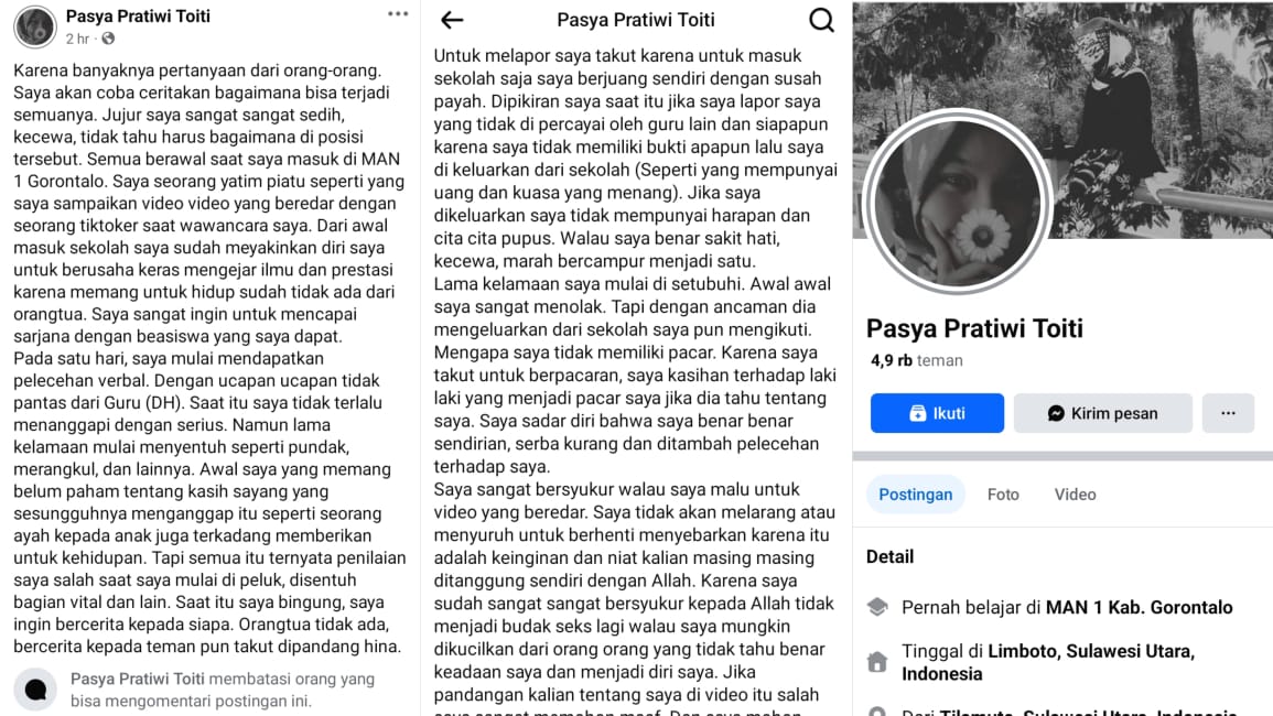Pengakuan diduga PPT korban aksi mesum oknum guru di Gorontalo yang viral di  Facebook.