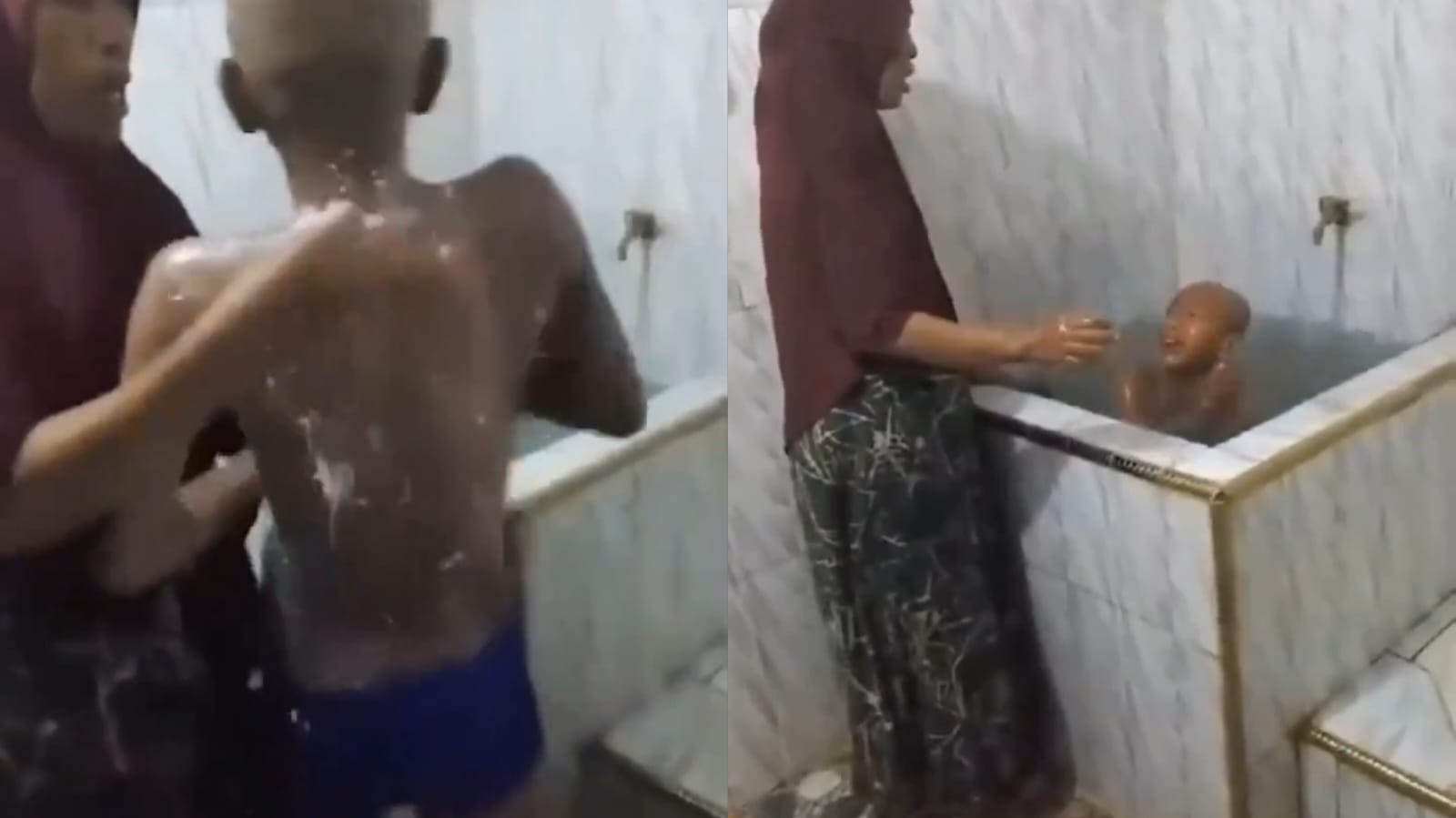 Teuku saat dimandikan oleh neneknya dan nyemplung bak mandi karena kepanasan efek siraman air cabai.