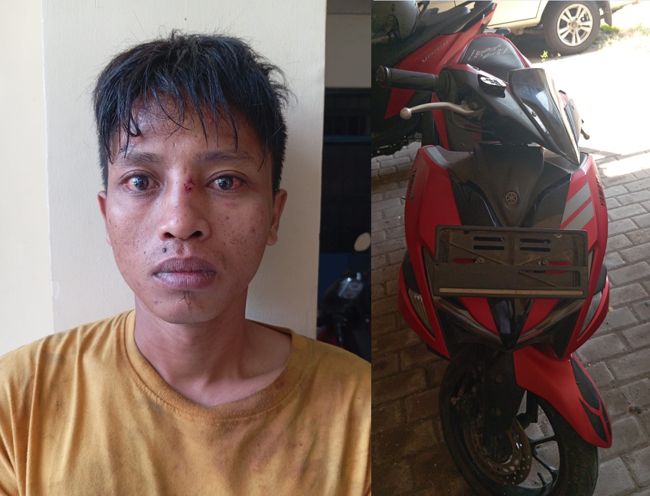 BABAK BELUR : Y, tersangka pelaku curanmor diamankan Polsek Kenjeran usai sempat dihajar massa di Jalan Kedinding, Surabaya.