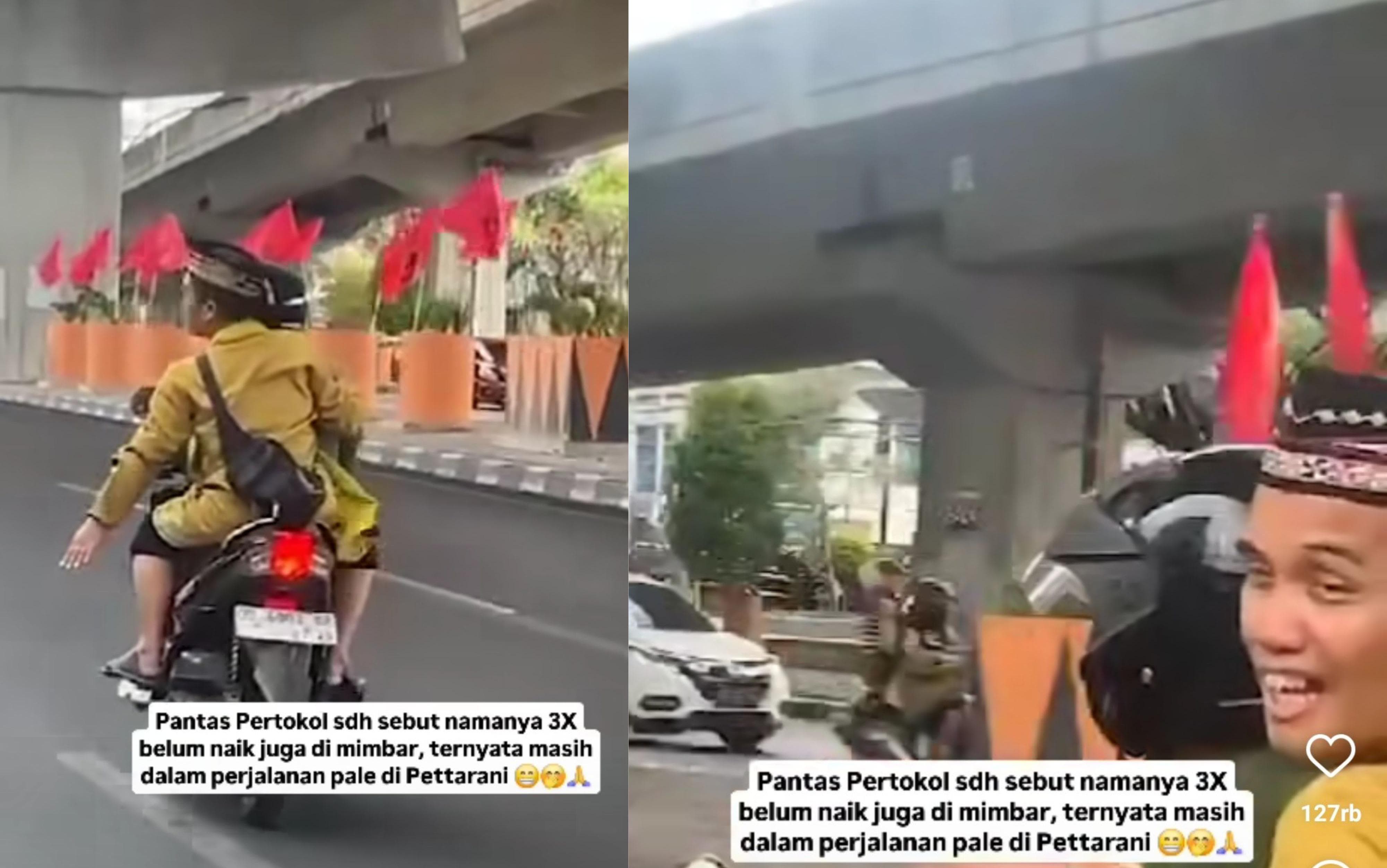 Tangkapan layar Ustaz Maulana yang terekam naik motor dibonceng tanpa helm. Akibatnya ia harus bayar denda karena kena tilang.