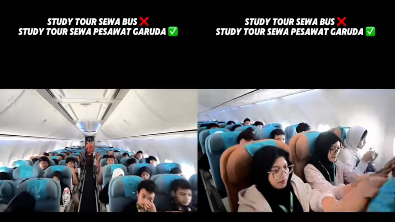 Tangkapan layar video SMP Al-Azhar Yogyakarta saat di dalam pesawat hendak terbang untuk study tour ke Jepang.