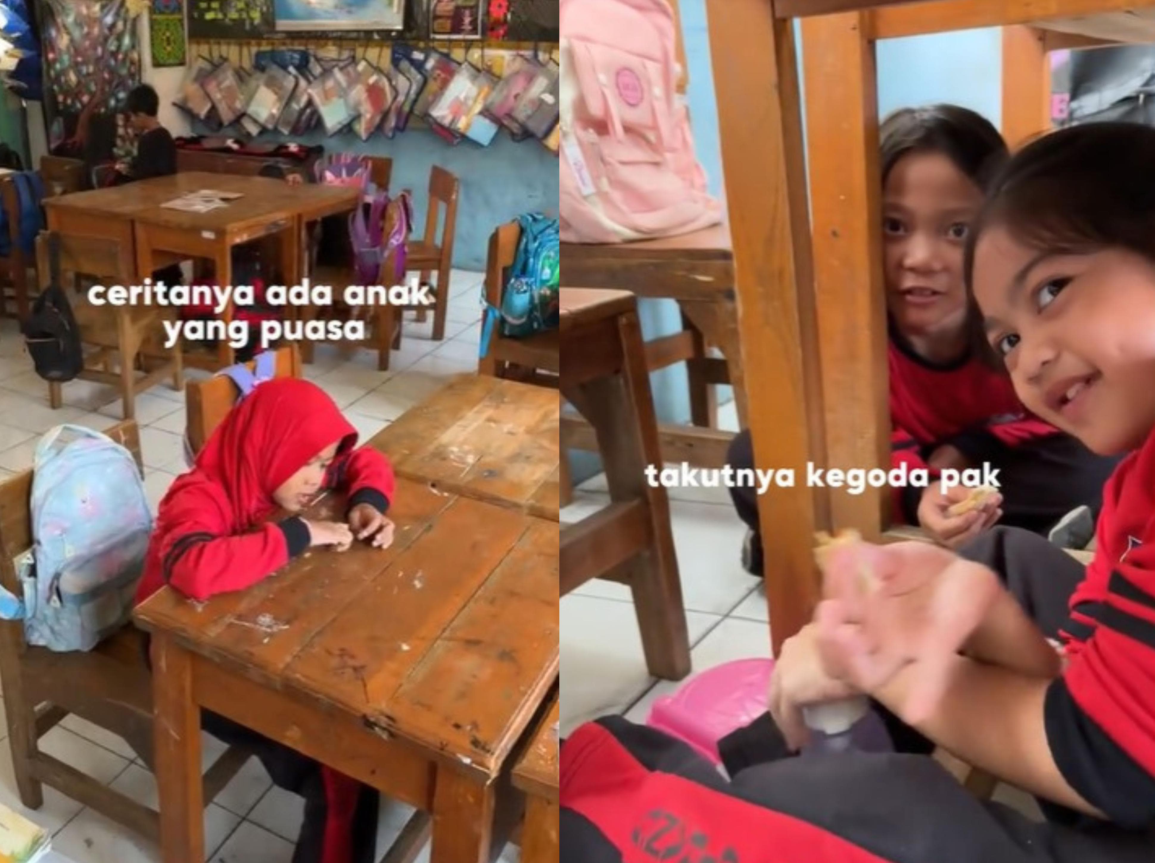Momen siswa SD makan siang dengan sembunyi di bawah meja ketika ada temannya sedang berpuasa.