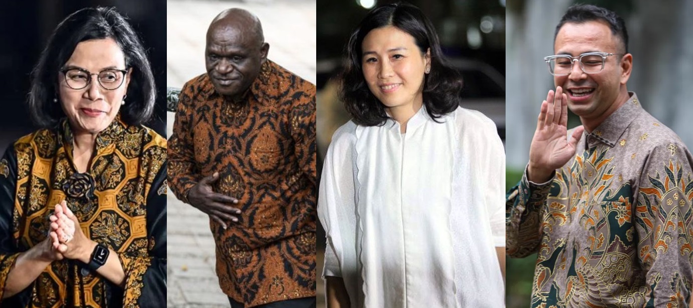 Dari kiri, Sri Mulyani, Natalius Pigai, Veronica Tan, dan Raffi Ahmad Ketika mendatangi kediaman Presiden terpilih Prabowo Subianto  di Jalan Kartanegara, Jakarta Selatan.