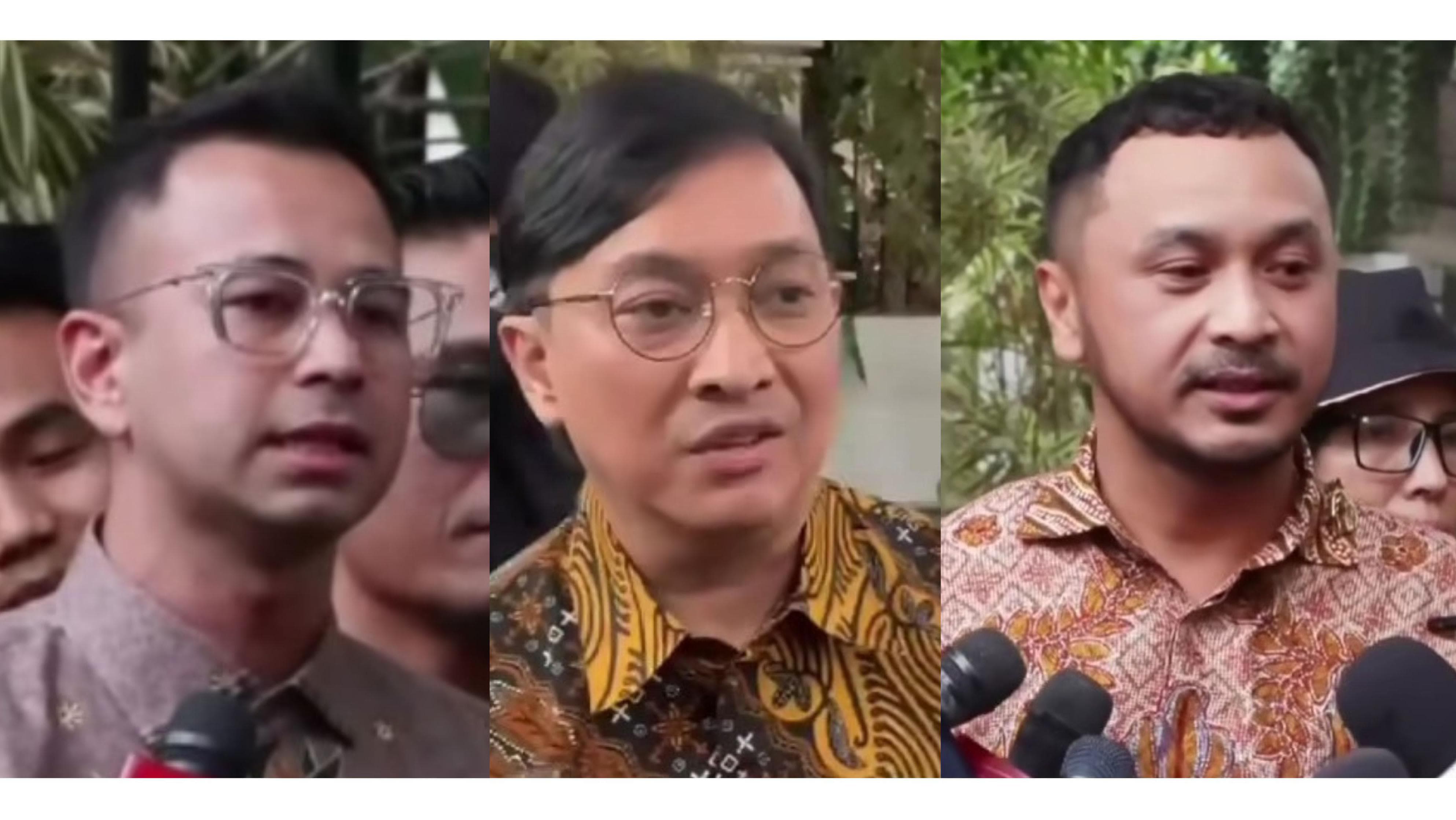 WAMEN SELEB: Dari kiri: Raffi Ahmad, Yovie Widianto dan Giring Ganesha saat diwawancarai media di depan kediaman Prabowo di Jalan Kartanegara Jakarta Pusat.