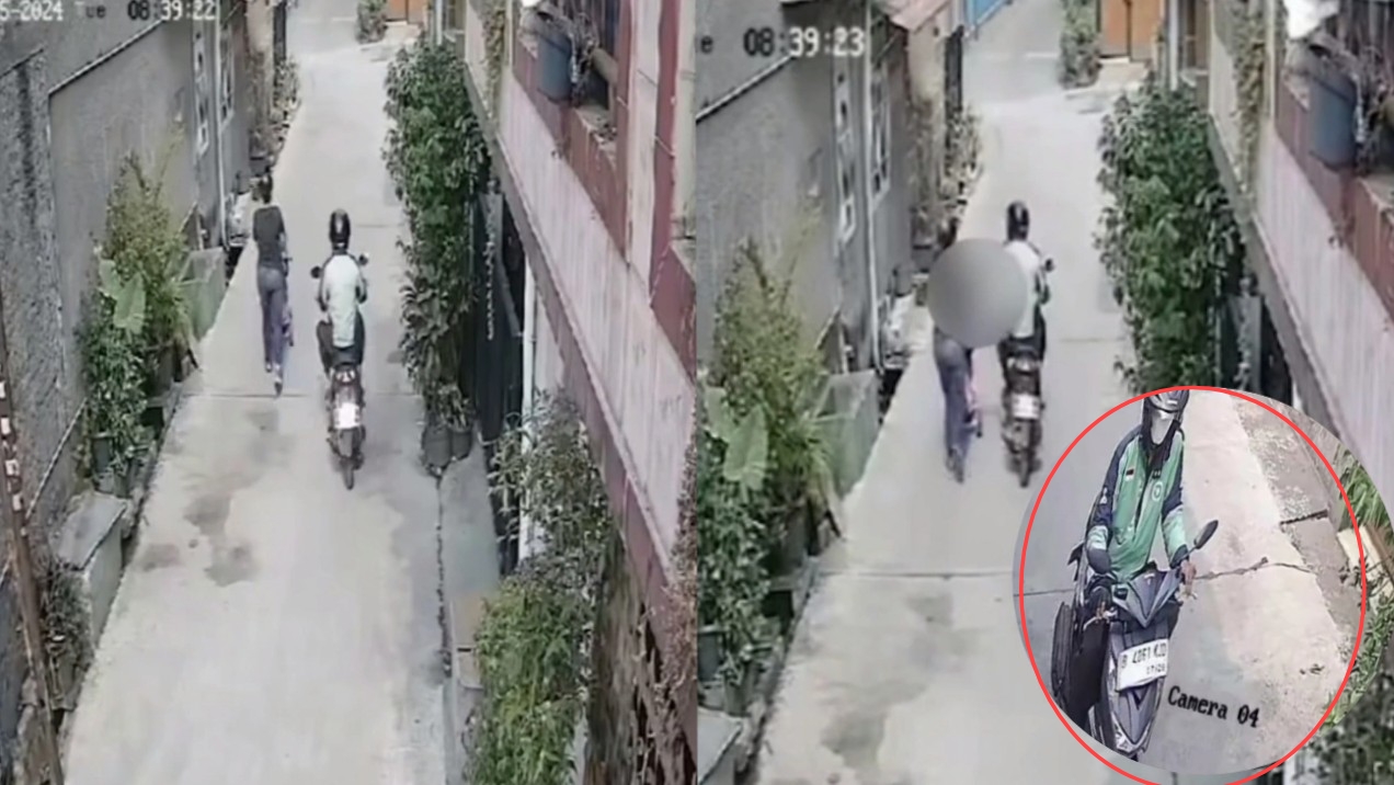 Rekaman CCTV yang menangkap detik-detik ojol lakukan begal payudara pada seorang ibu di Bekasi.