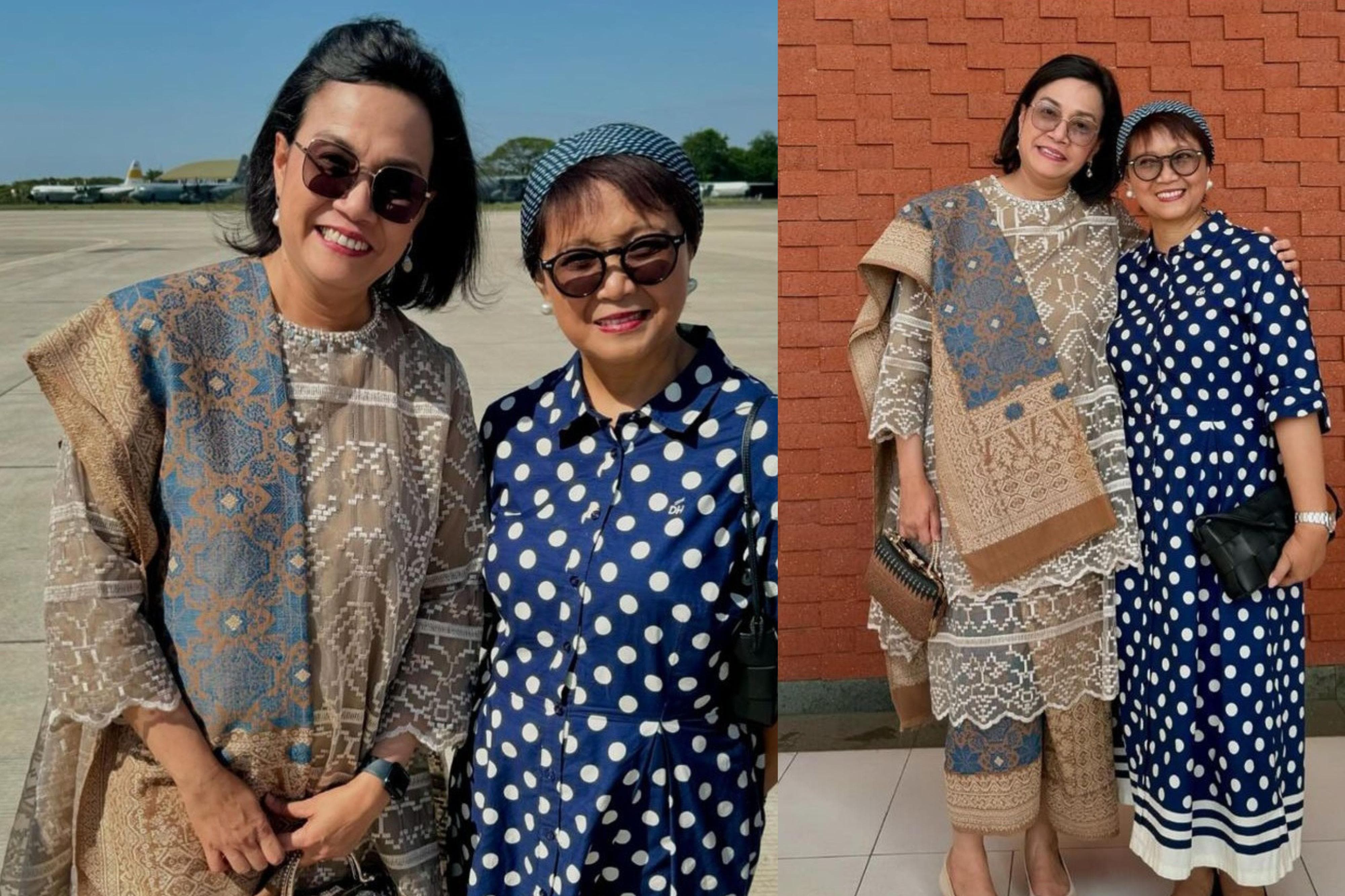 DUO SRIKANDI: Menkeu Sri Mulyani dan mantan Menlu Retno Marsudi berfoto bersama usai mengantar kepulangan Presiden Jokowi dan ibu negara Iriana yang purna tugas di Bandara Halim Perdanakusuma Jakarta.