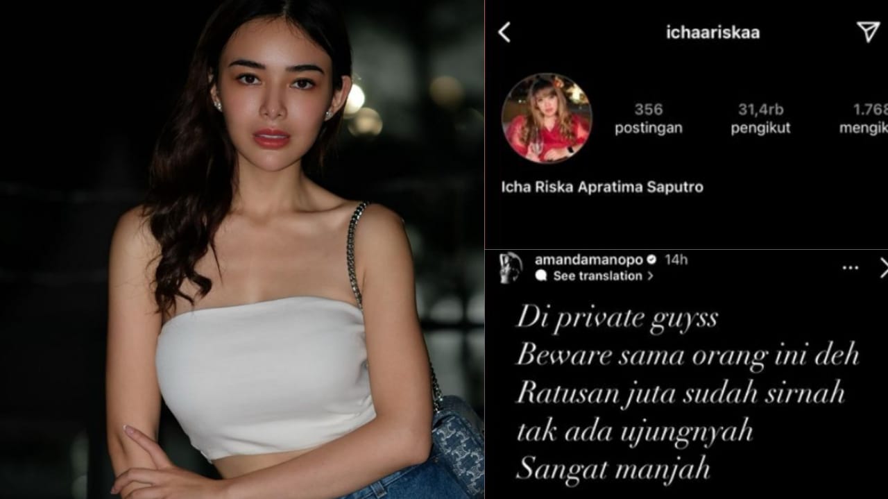 Foto Amanda Manopo dan tangkap layar terduga penipu yang bawa kabur uang ratusan juta rupiah.