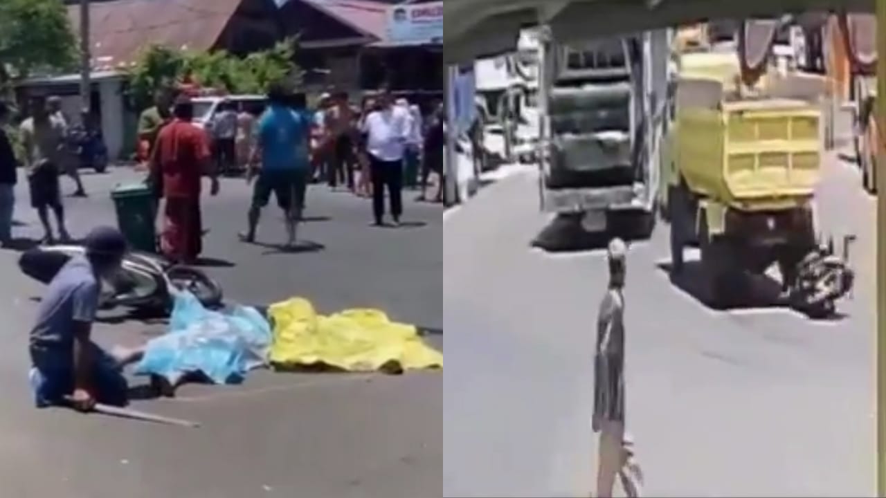 Tangkapan layar video pihak keluarga diduga ayah korban membawa parang ke TKP (foto kiri) dan tangkapan layar rekaman CCTV ketika korban menabrak truk (foto kanan).