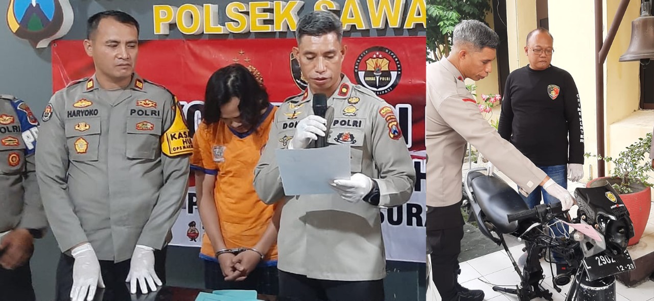 TEMAN JAHAT : Tersangka AJ saat dirilis di Mapolsek Sawahan karena menggelapkan motor temannya TS dengan cara dipreteli dan dijual online.